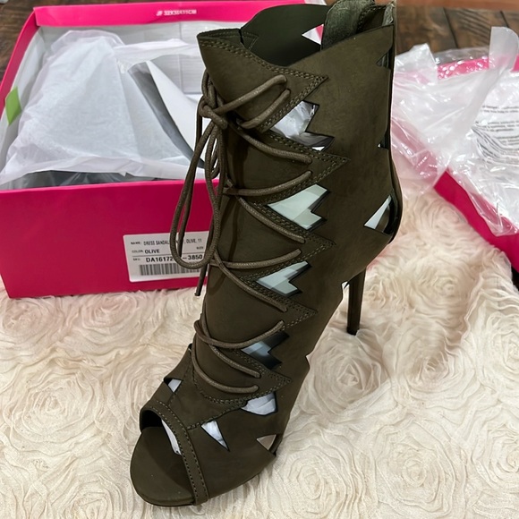 Shoe Dazzle Shoes - Olive  cutout lace up stiletto boots size 11